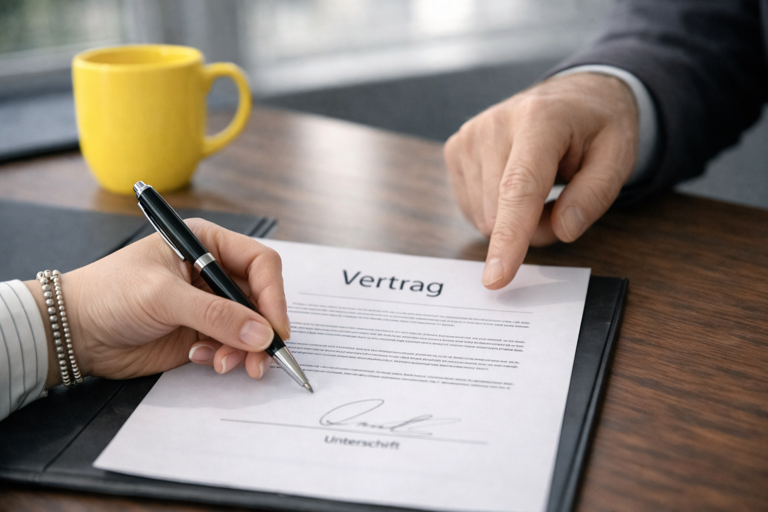 A woman’s hand is signing a contract, whilst a man’s hand is pointing to a section of text. In the background is a yellow cup. 