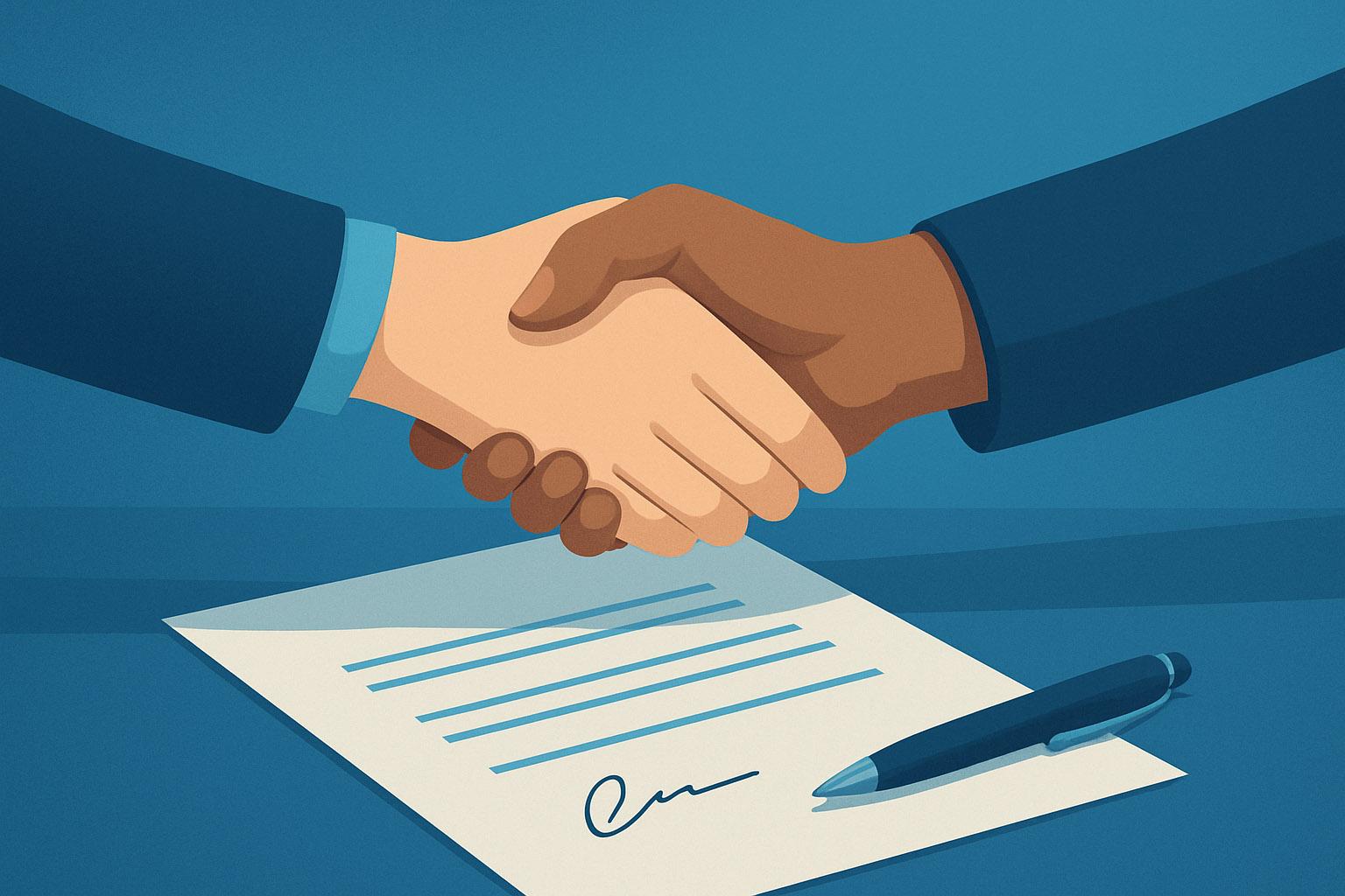 Two people shaking hands over a contract