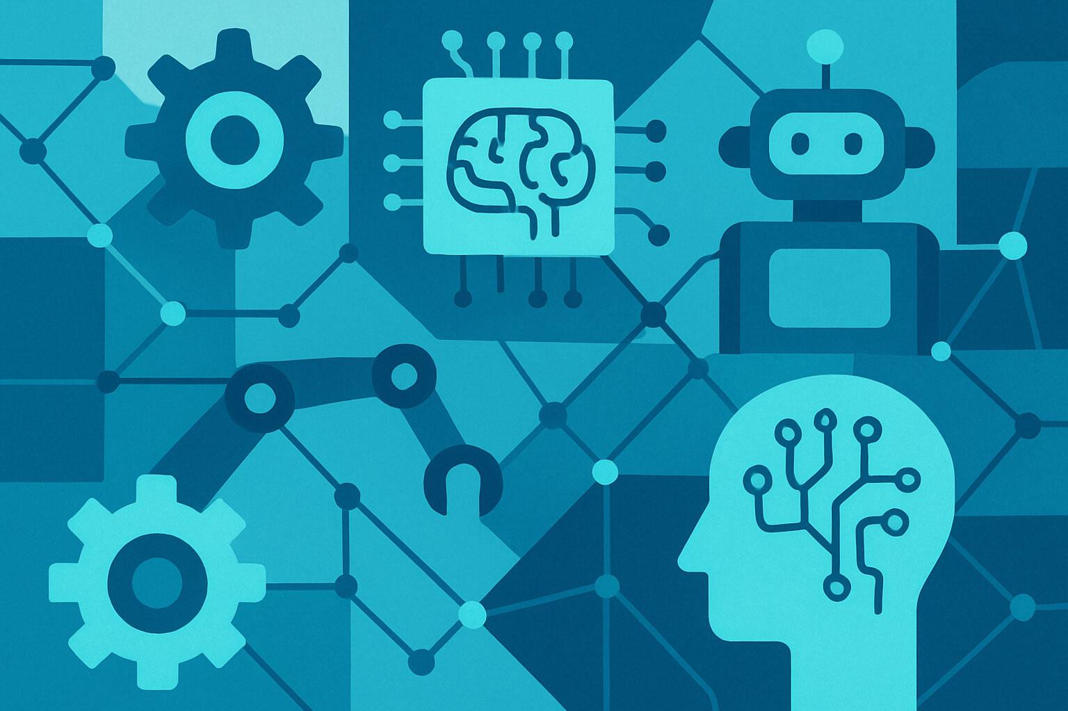 Mechanical engineering and AI symbols in a network, e.g. gripper arm, robot