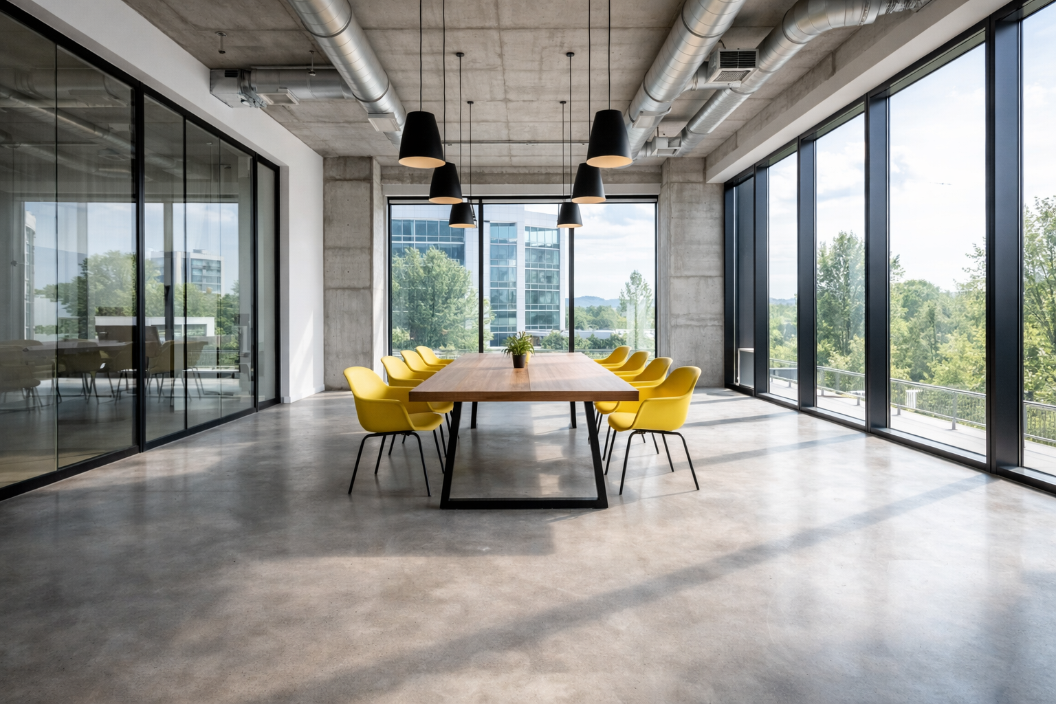 Yellow chairs around a meeting table in a conference room