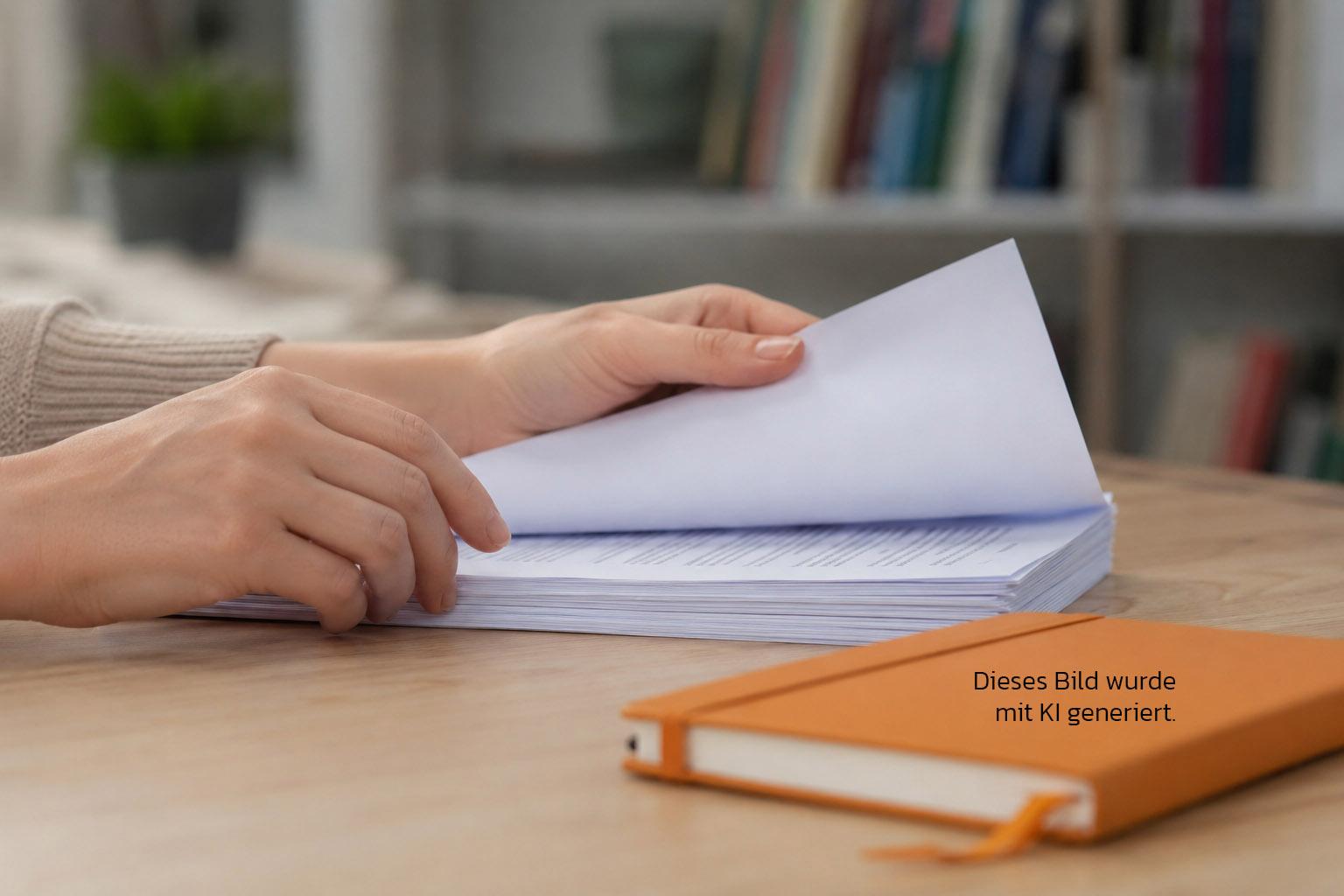 Durchsicht Unterlagen A person’s hands are leafing through a pile of documents; next to them lies an orange notebook