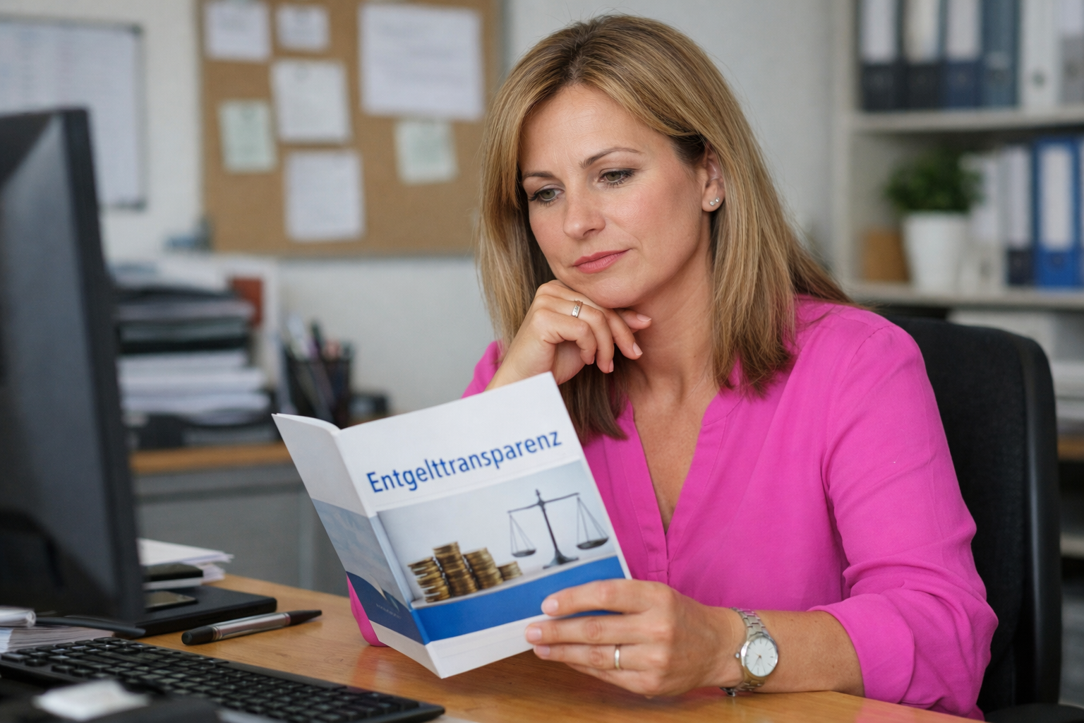 Webinar Entgelttransparenzgesetz Eine Frau in einem Büro liest in einer Broschüre mit dem Titel "Entgelttransparenz"