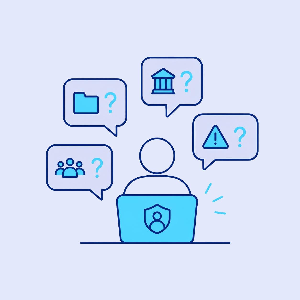 A person with several speech bubbles representing inquiries, such as those from regulatory agencies