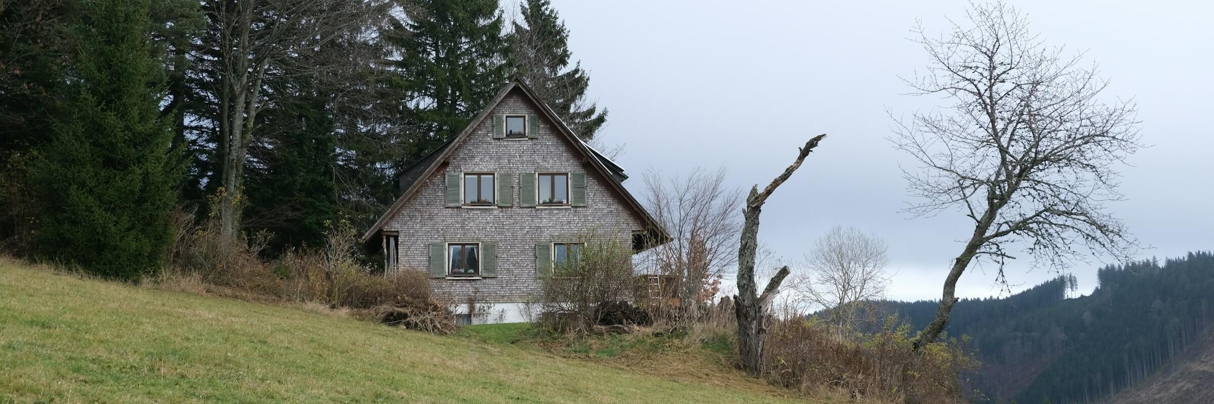 Haus Ein Haus an einem Berg, links davon Bäume