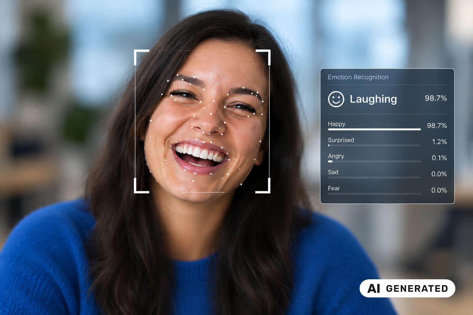 A person laughing, with a box next to them in which the emotion is being analyzed. The image includes a note stating that it was generated by AI.