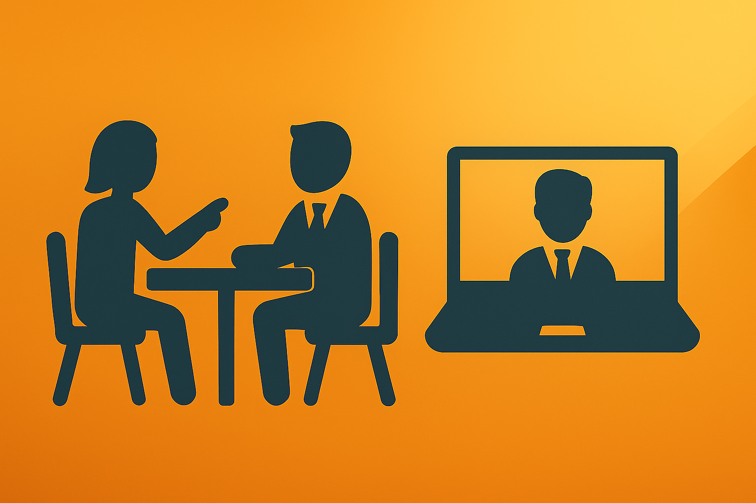 Beratung vor Ort oder digital On the left, two people are sitting at a table talking to each other; on the right is a laptop with a video call.