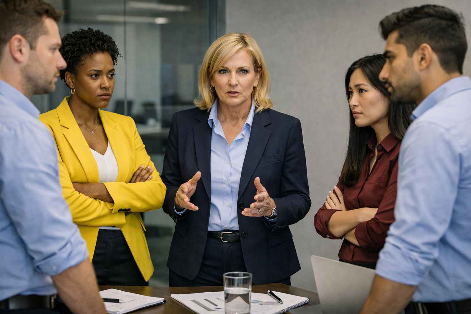 Besprechung Five people are standing around a table having a serious conversation