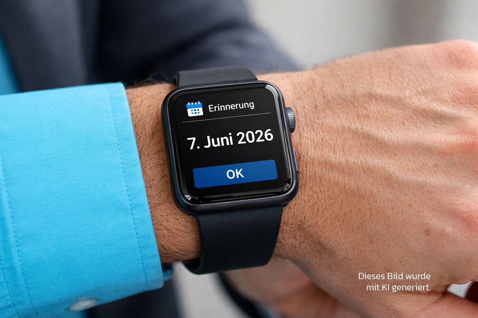 A man’s hand wearing a smartwatch displaying the date June 7, 2026