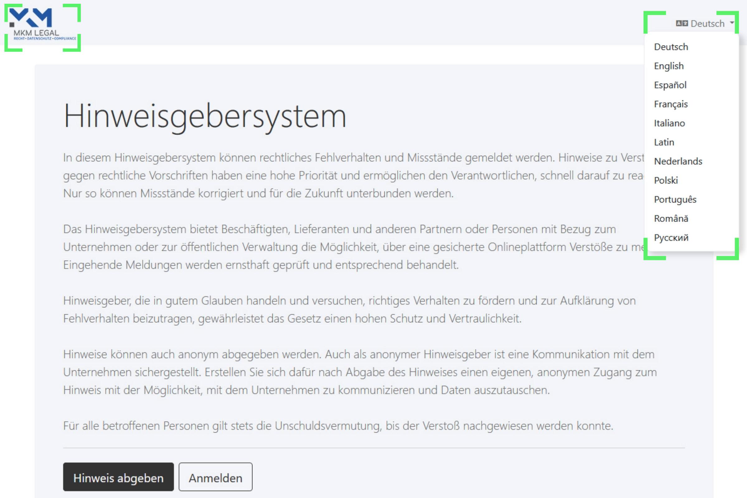 Screenshot Startseite Hinweisgebersystem Home page of the whistleblower platform with customisable text, customisable logo and language selection. Each user can also select their desired language.