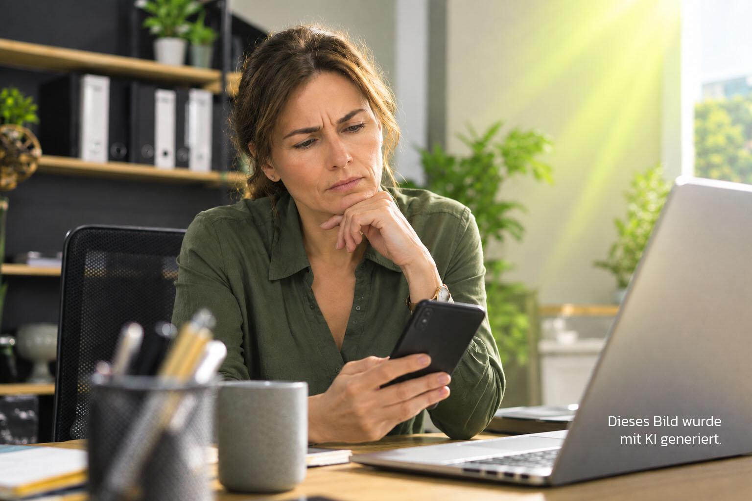 Blick aufs Handy Eine Frau am Schreibtisch sieht auf ihr Handy und zieht dabei nachdenklich die Augenbrauen zusammen. In einer Ecke ist der Vermerk: Dieses Bild wurde mit KI generiert. 