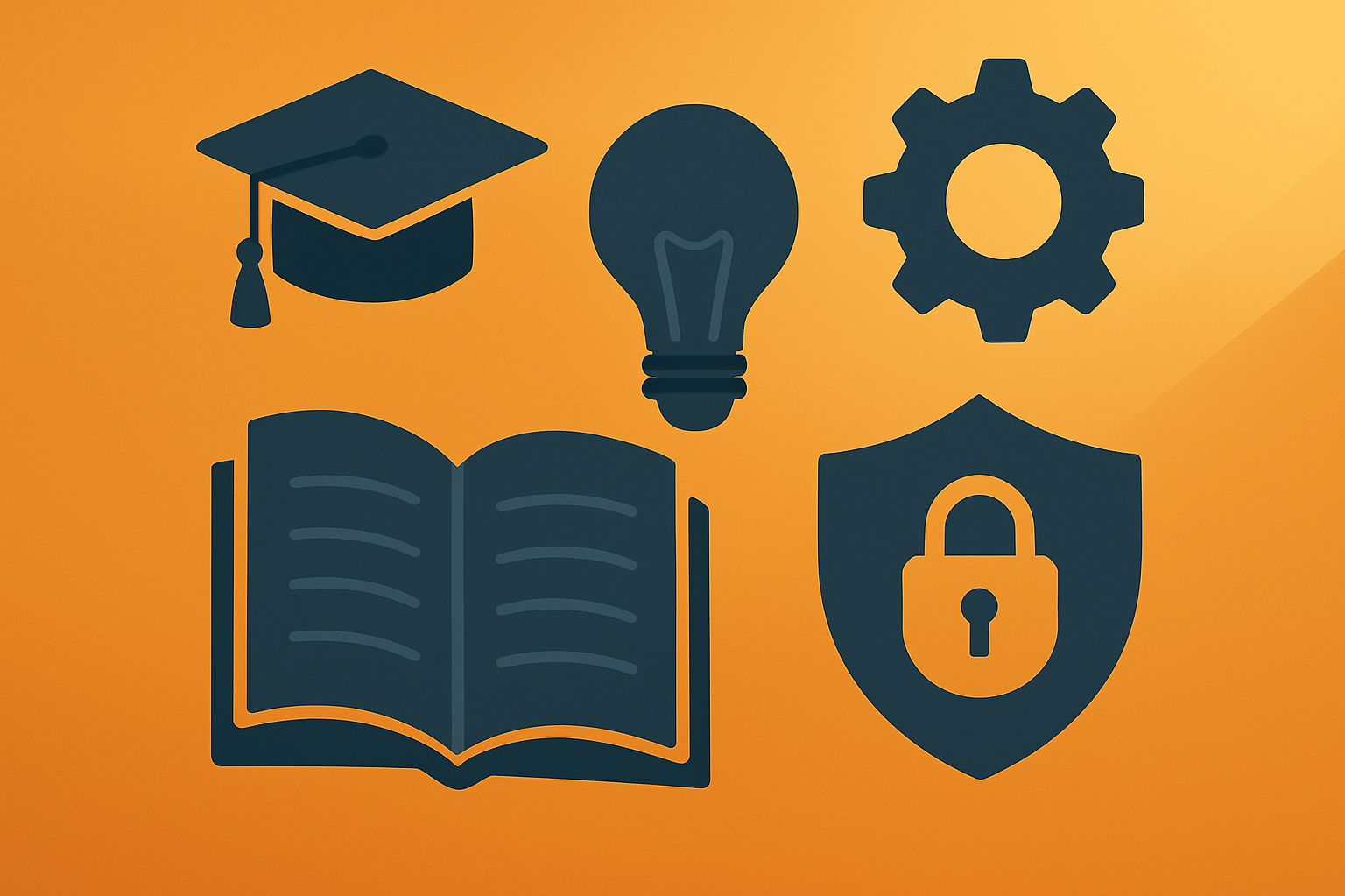 Hochqualifiziertes Team Einige Symbole, die für Datenschutz-Kenntnisse stehen, z.B. Buch oder Glühbirne.