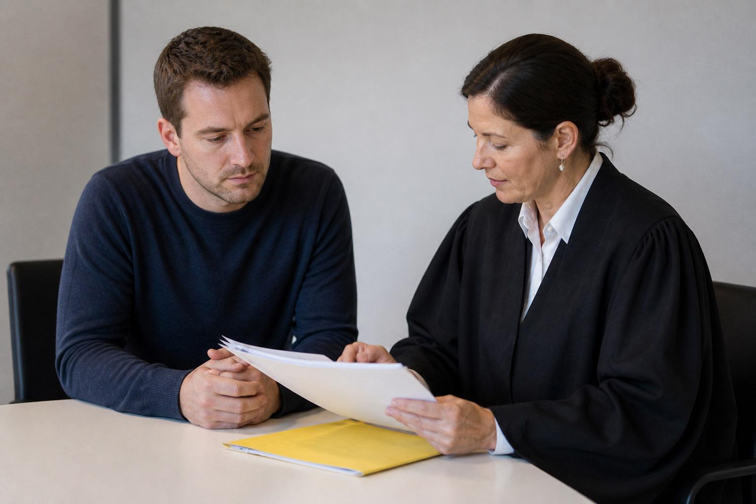 Gespräch zwischen Anwalt und Mandant A lawyer is talking to a client at a table; there is a yellow folder on the table.