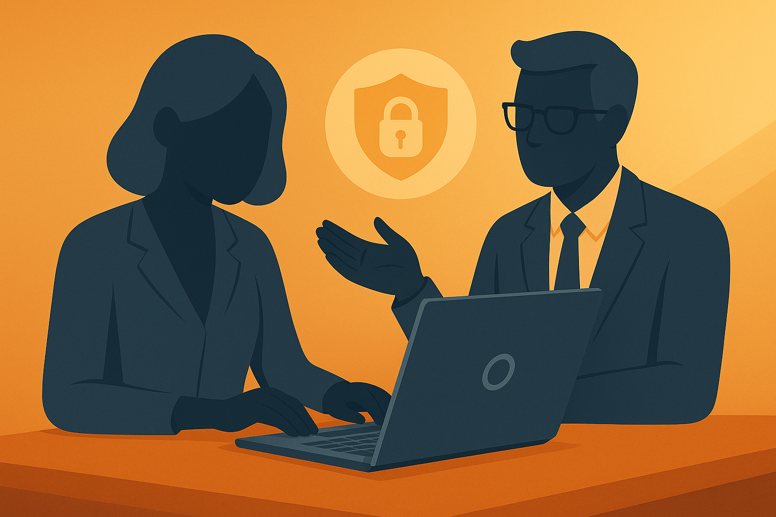 Externer Datenschutzbeauftragter für kleine Unternehmen Zwei Personen sitzen gemeinsam vor einem Laptop, darüber schwebt ein Schild mit einem Schloss
