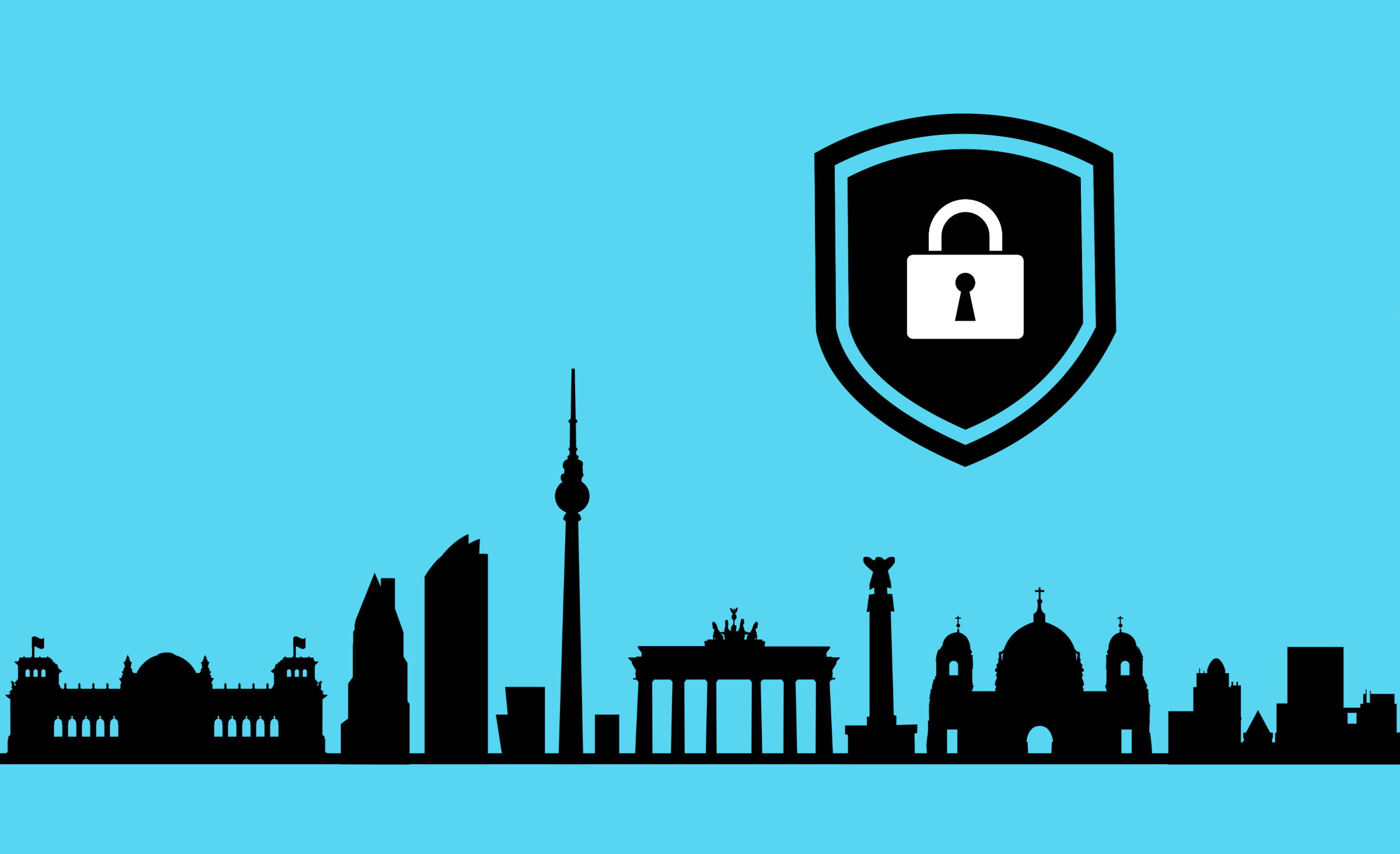 Berliner Skyline, darüber schwebt ein Schild mit einem Schloss