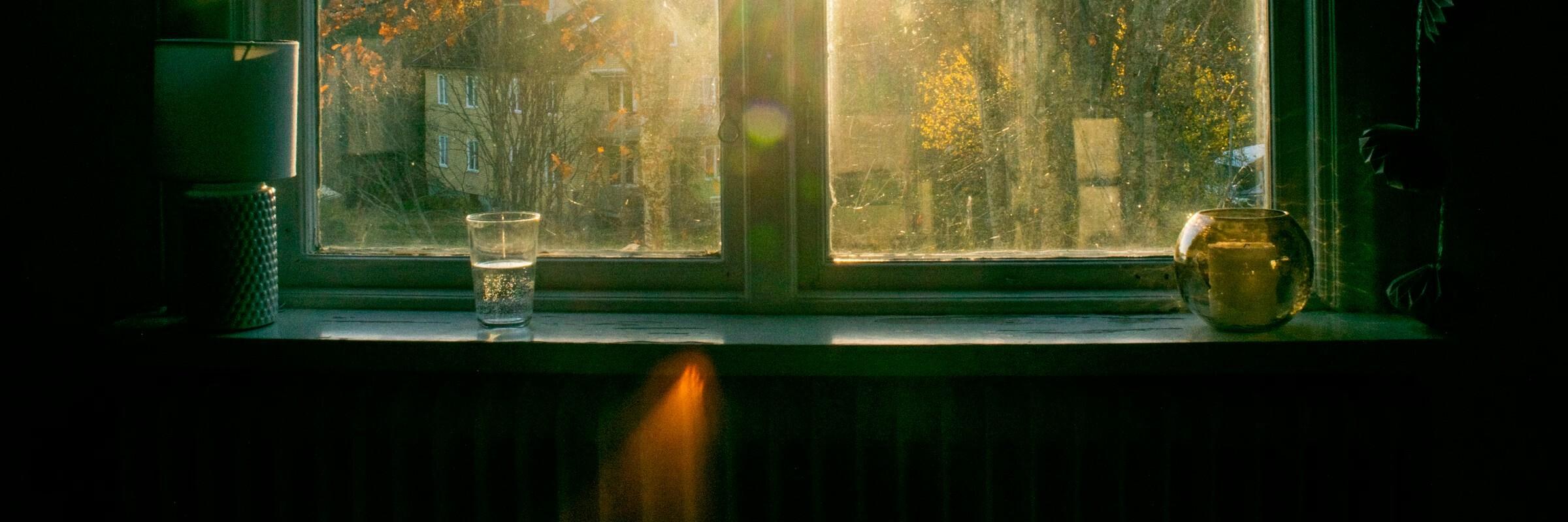 Blick aus dem Fenster Blick aus einem dunklen Zimmer aus dem Fenster, durch das man ein Haus und einen Garten sieht. Im oberen Bereich des Fensters ist ein Sonnenstrahl. 