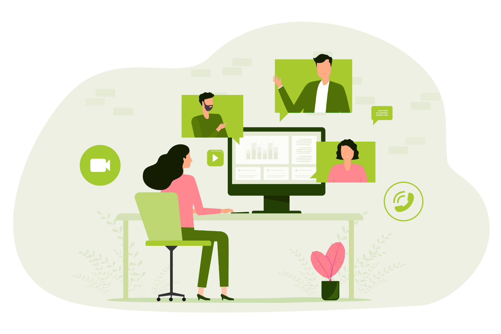 An illustration showing a woman at a desk using her computer to communicate with other people.