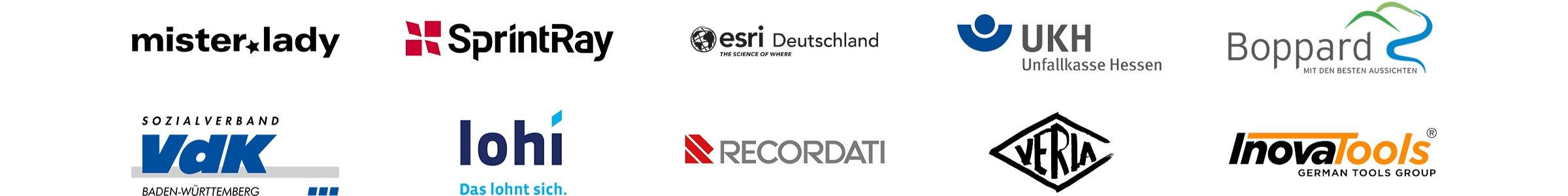 Referenzkunden White Sparrow Logos von verschiedenen Unternehmen: Mister.Lady, UKH, Recordati, Verla, Boppard, VdK Baden-Württemberg, esri, lohi, SprintRay, Inova Tools