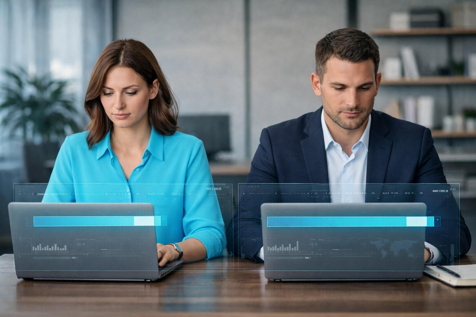 Eine Frau und ein Mann sitzen nebeneinander vor ihren Laptops, davor sind zwei Ladebalken eingeblendet und der vom Mann ist länger.