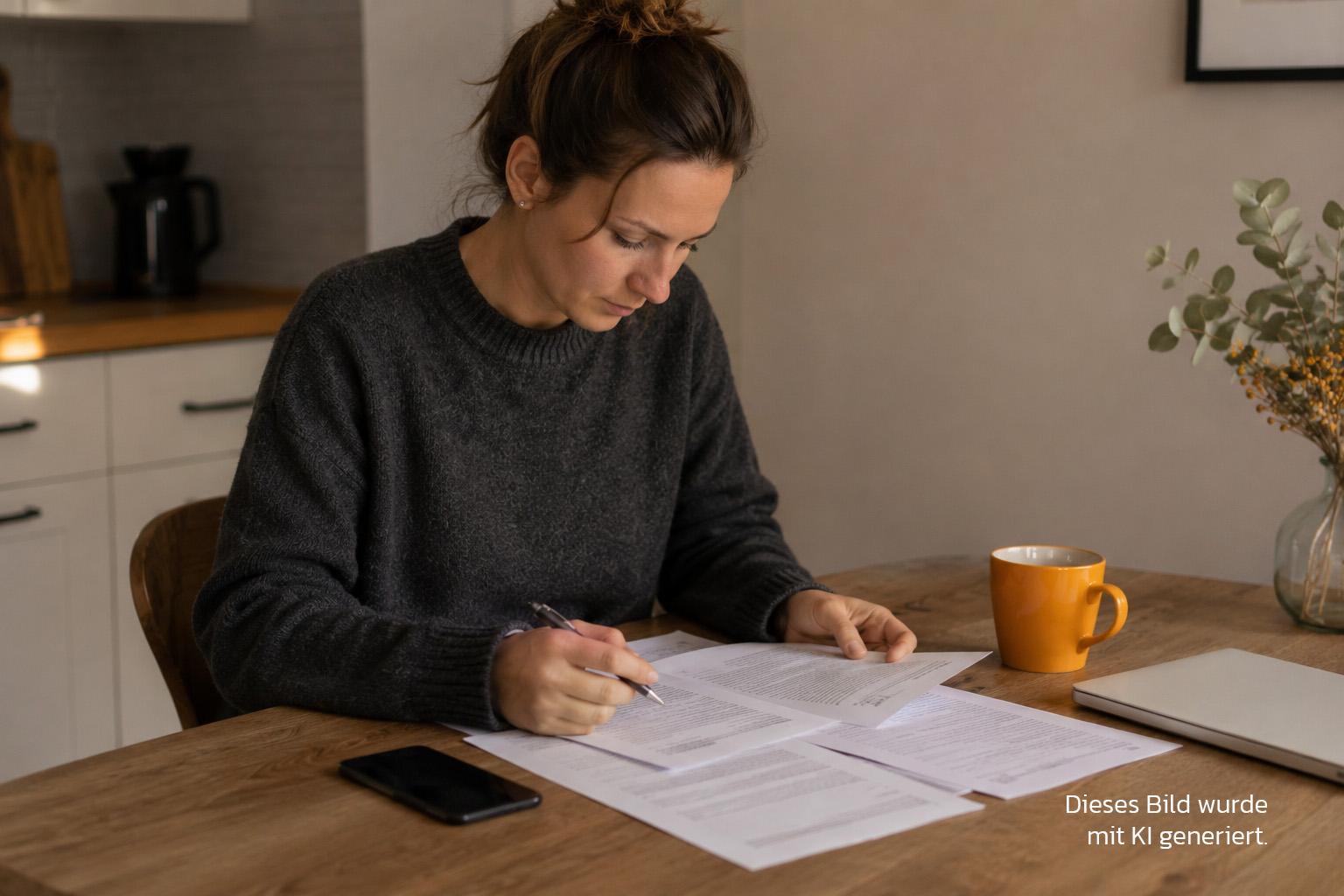 Frau am Küchentisch A woman is sitting at the kitchen table, looking through some documents