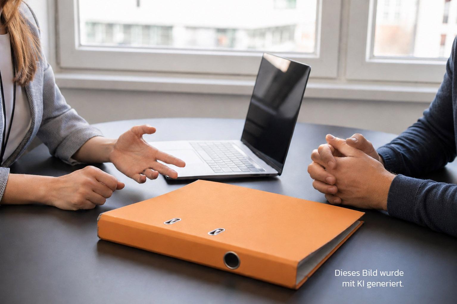 Rechtliche Beratung A woman in a business outfit and a man in a jumper are sitting opposite each other, with a folder lying beside them. Their faces are not visible; only their hands and upper bodies can be seen. 