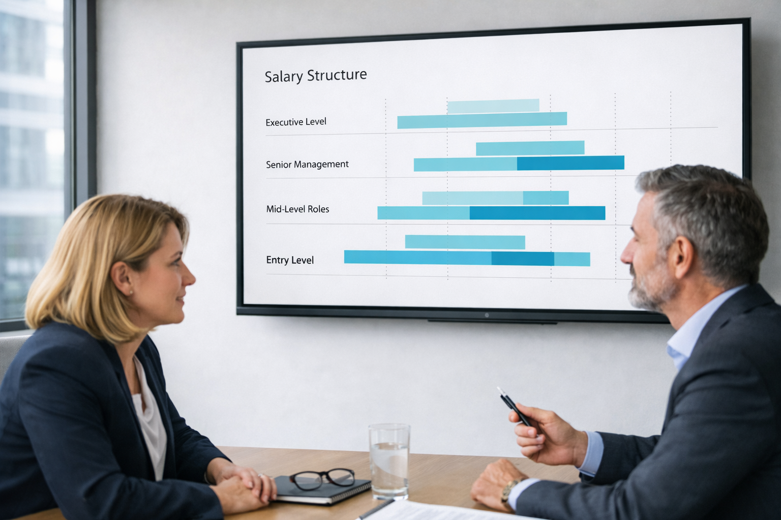 Eine Frau und ein Mann blicken auf einen Bildschirm, der die Entgeltstruktur eines Unternehmens zeigt