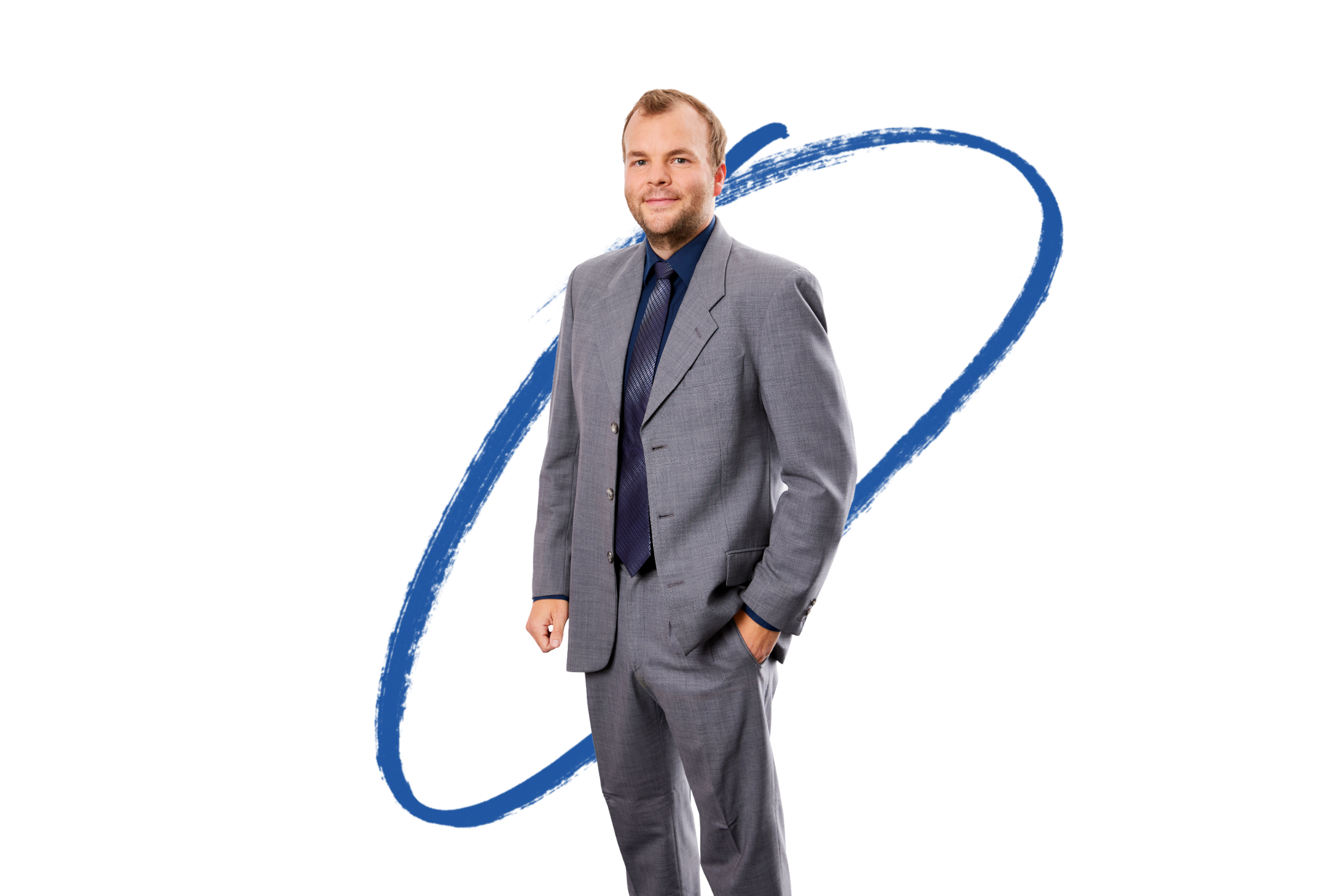 The photo shows Fabian Dechent wearing a grey suit, pictured from the knees up. Against the otherwise white background, there is an oval-shaped circle, one of MKM's signature scribbles.