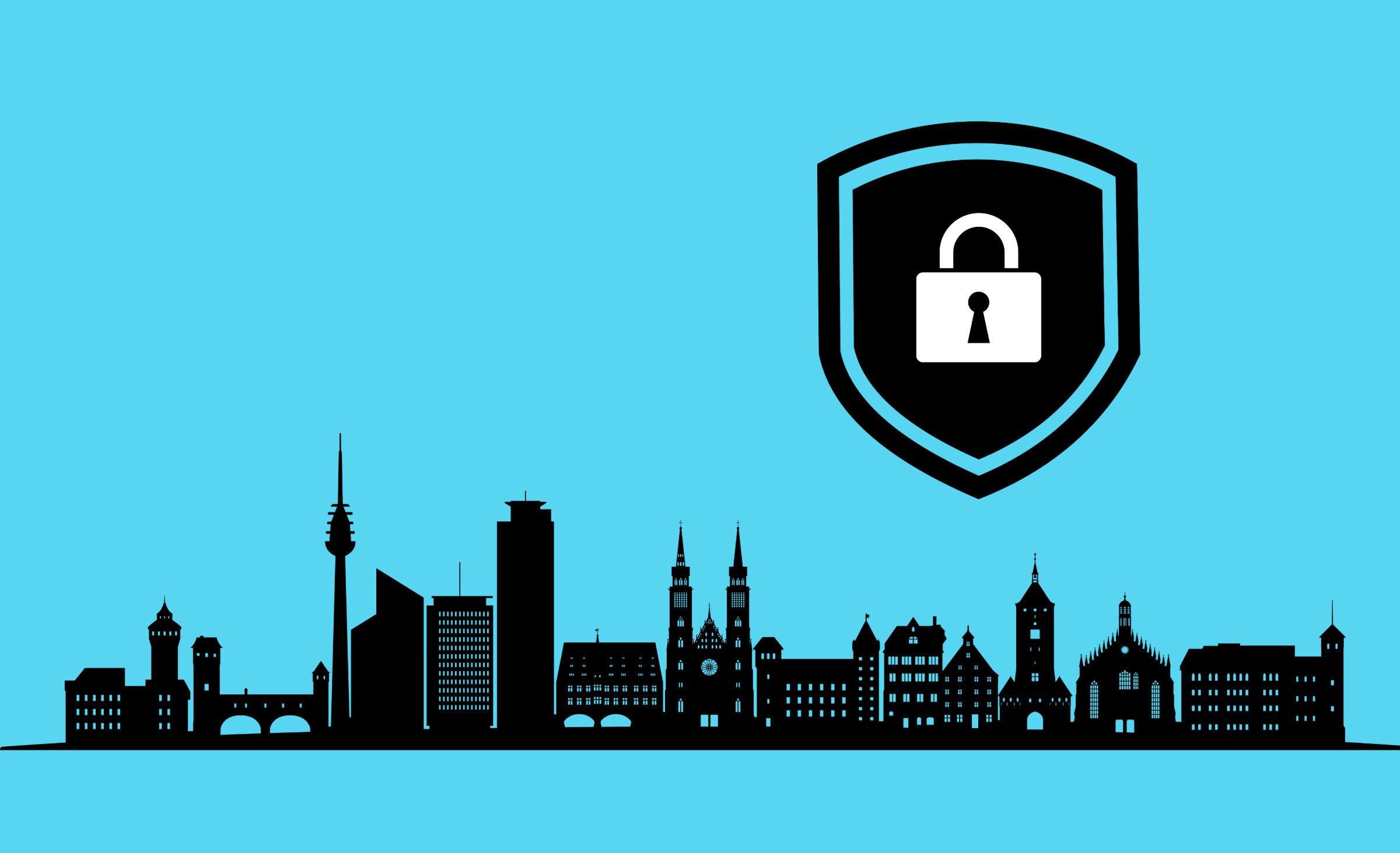 Nuremberg skyline with a sign with a lock hovering above it