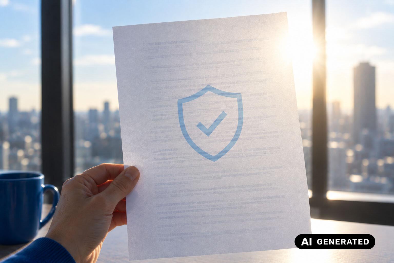 A sheet of paper is held up to the light, and a watermark shimmers through it. The image includes a note stating that it was generated by AI.