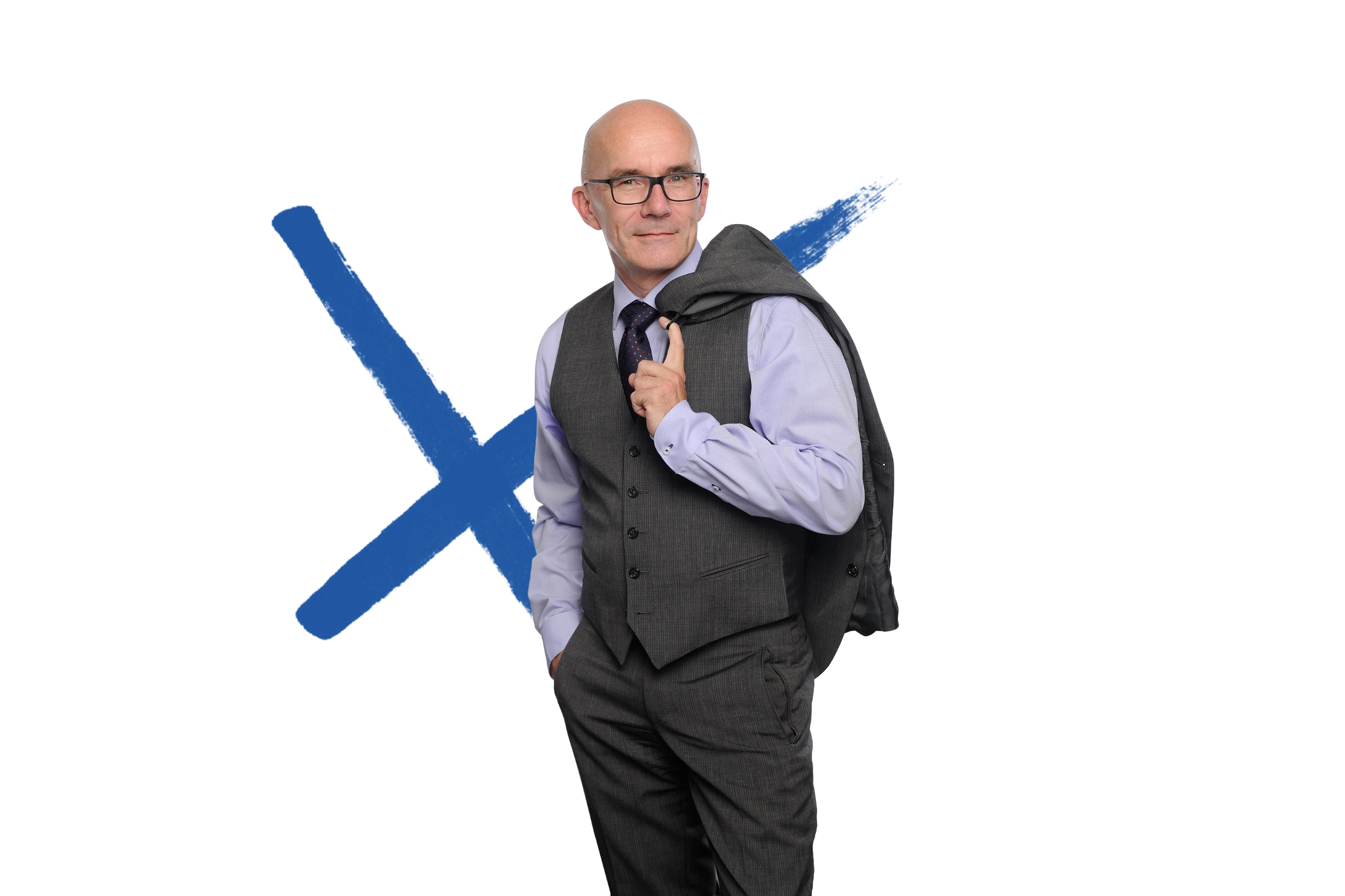 The photo shows Stefan Mörtel wearing business attire, pictured from the knees up. Against the otherwise white background, there is a blue X, one of MKM's signature scribbles.