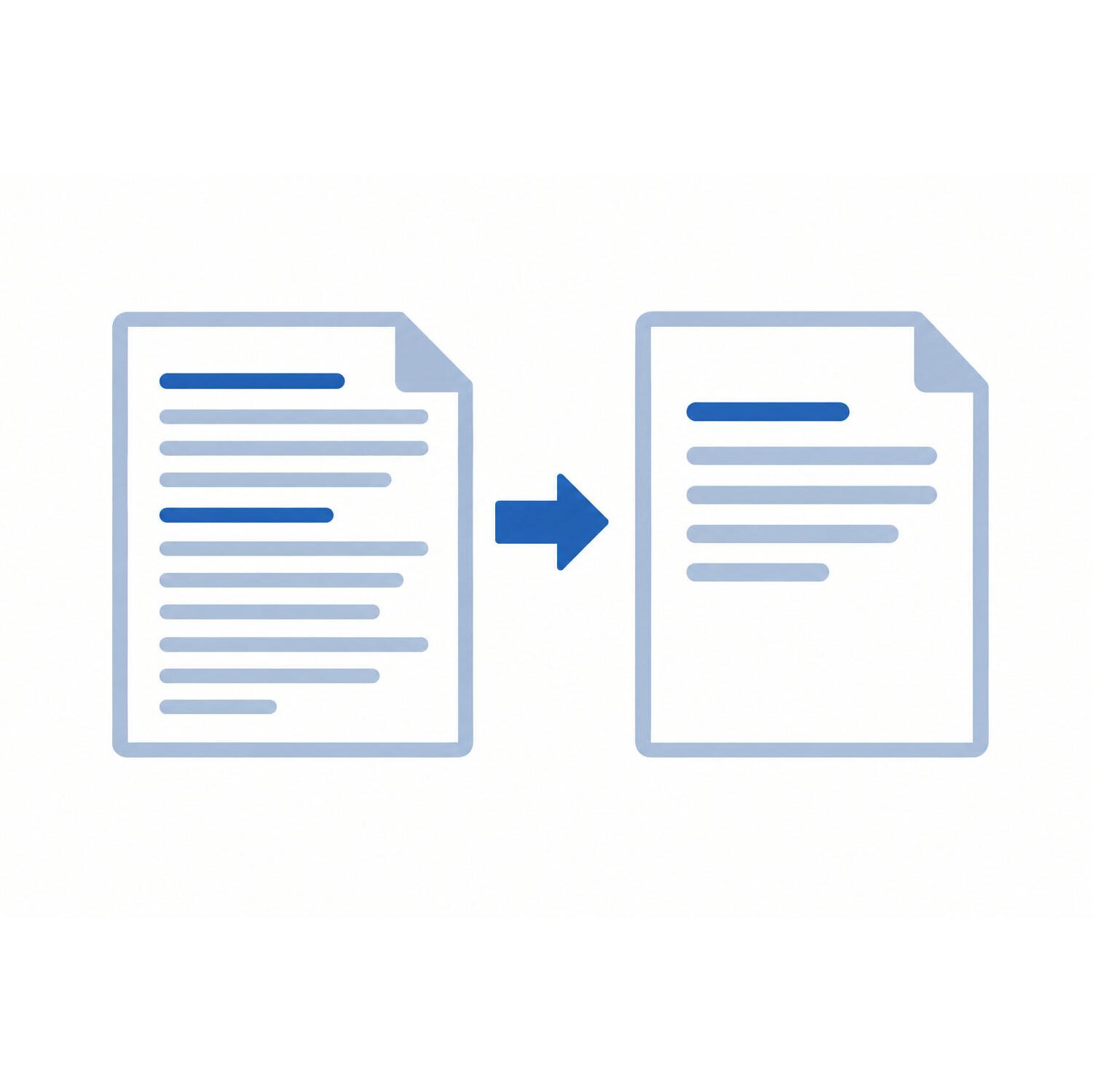 Übersetzung Two text documents side by side; the one on the left is longer, and there is an arrow pointing from the left document to the right one