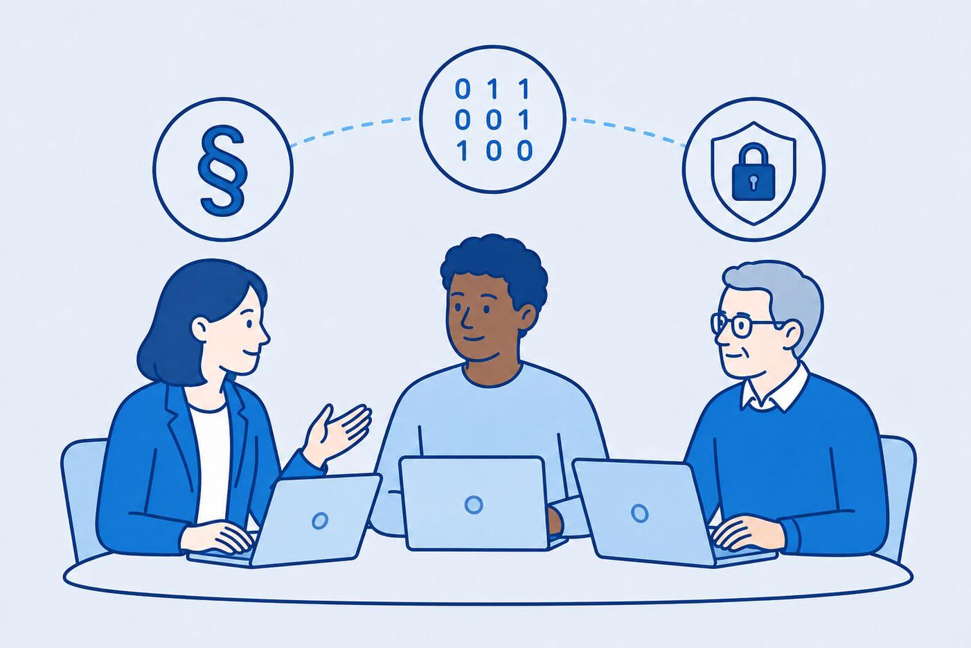 Drei Personen mit Laptop sitzen um einen Schreibtisch und verkörpern den Rechts-, den Informationssicherheit- und den Datenschutz-Hintergrund.