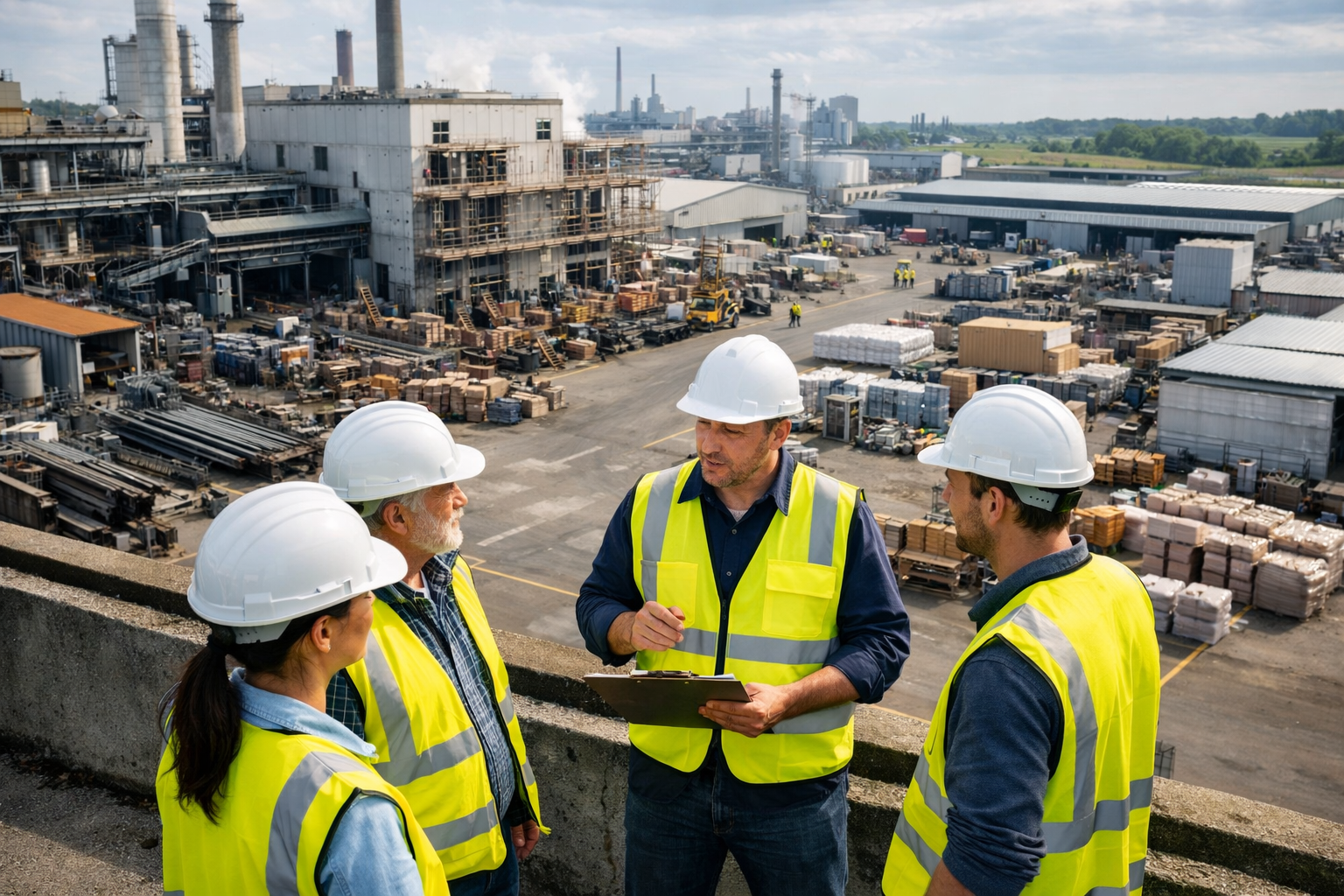 Absprache Four people wearing yellow high-visibility vests and helmets are having a meeting; in the background, you can see a factory site