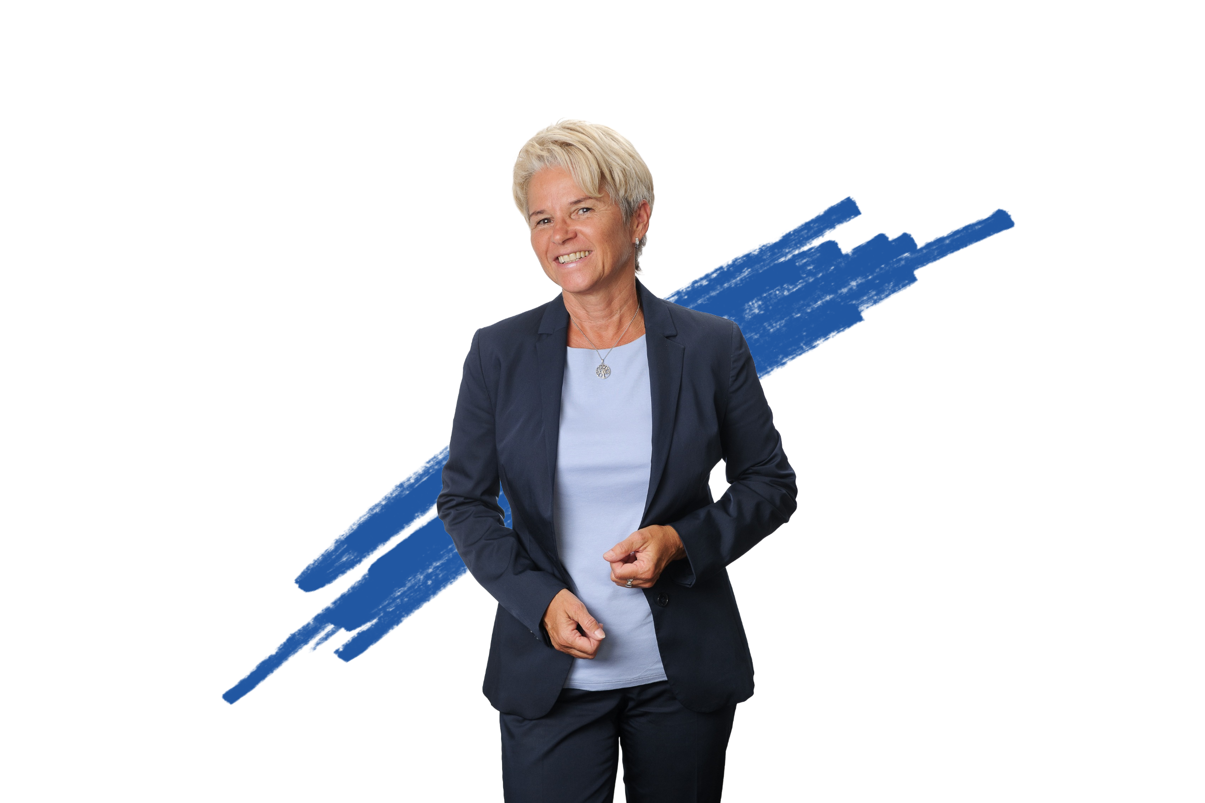 The photo shows Gabriele Fuchs wearing a dark blue pantsuit, pictured from the knees up. Against the otherwise white background, a few lines can be seen, one of MKM's signature scribbles.