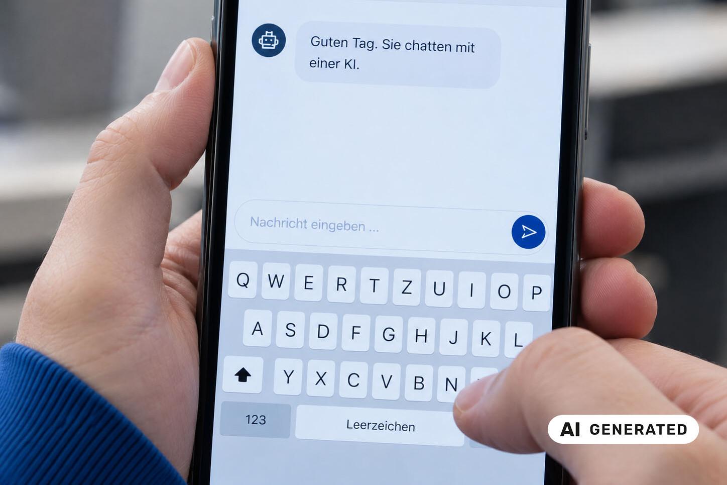 Two hands are holding a cell phone; a chat window is open on the screen, and it reads, “Hello. You are chatting with an AI.” The image includes a note stating that it was generated by AI.