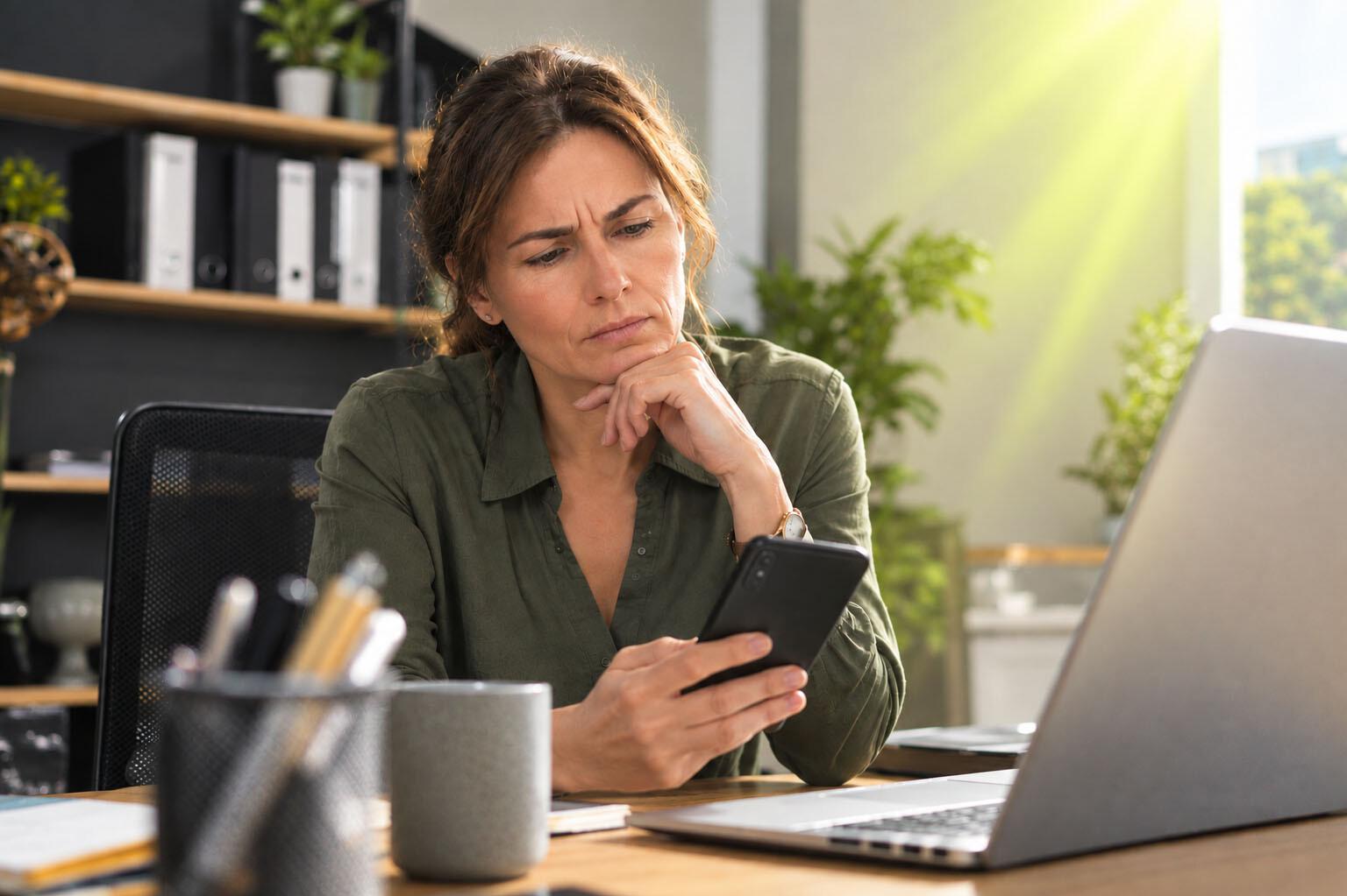 Blick aufs Handy Eine Frau am Schreibtisch sieht auf ihr Handy und zieht dabei nachdenklich die Augenbrauen zusammen