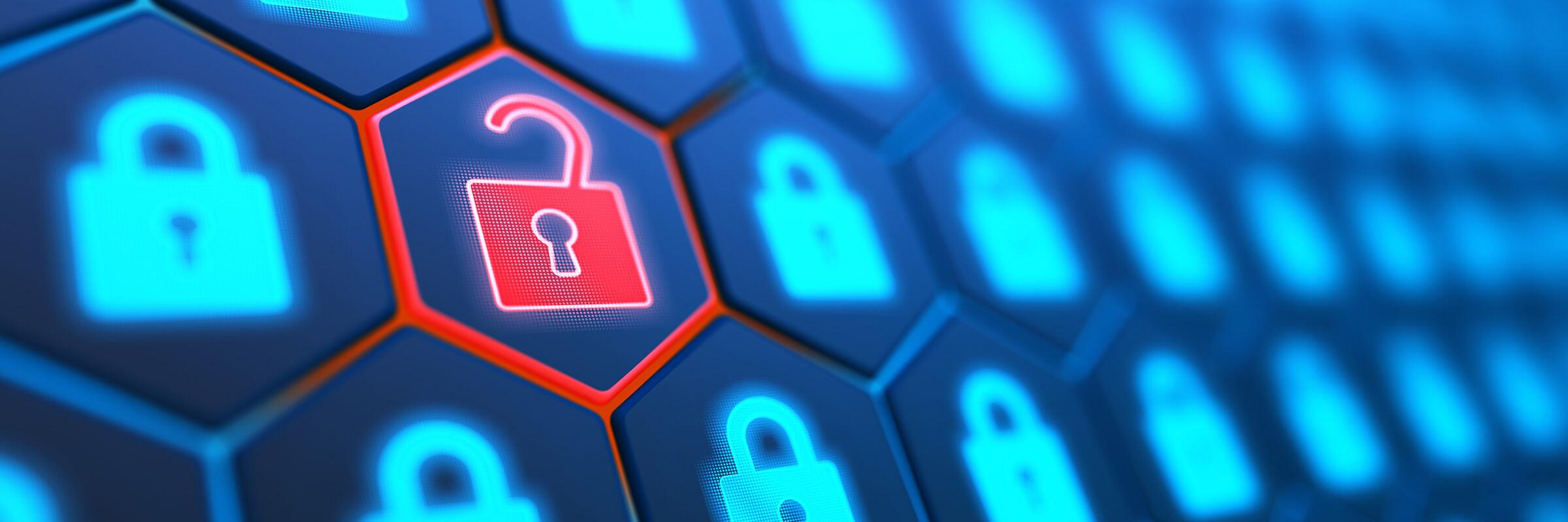 Datenschutz-Kacheln Mehrere Kacheln an der Wand mit einem verschlossenen Schloss, eines ist geöffnet