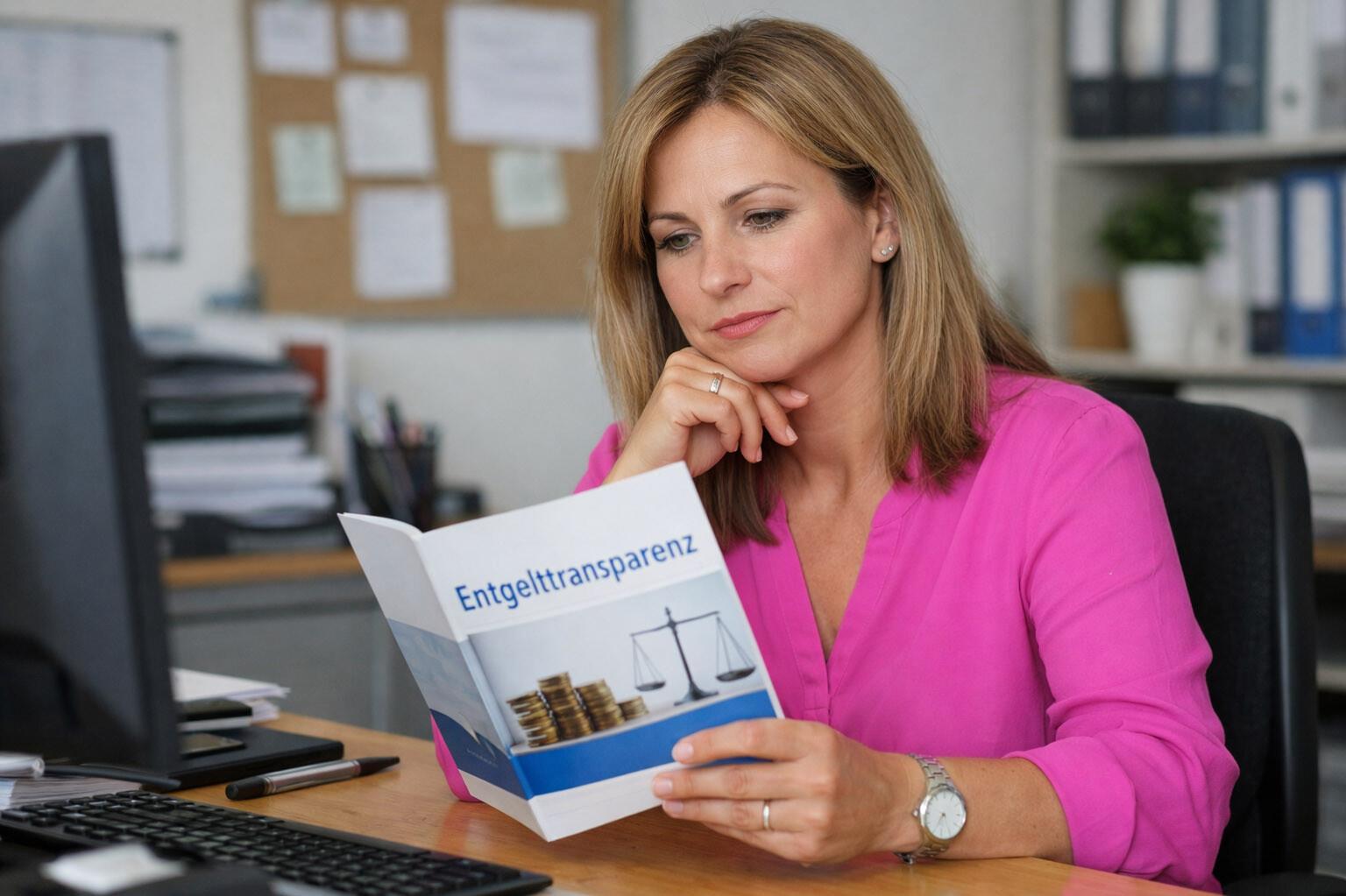 Webinar Entgelttransparenzgesetz Eine Frau sitzt am Schreibtisch und liest in einer Broschüre mit dem Titel "Entgelttransparenz"