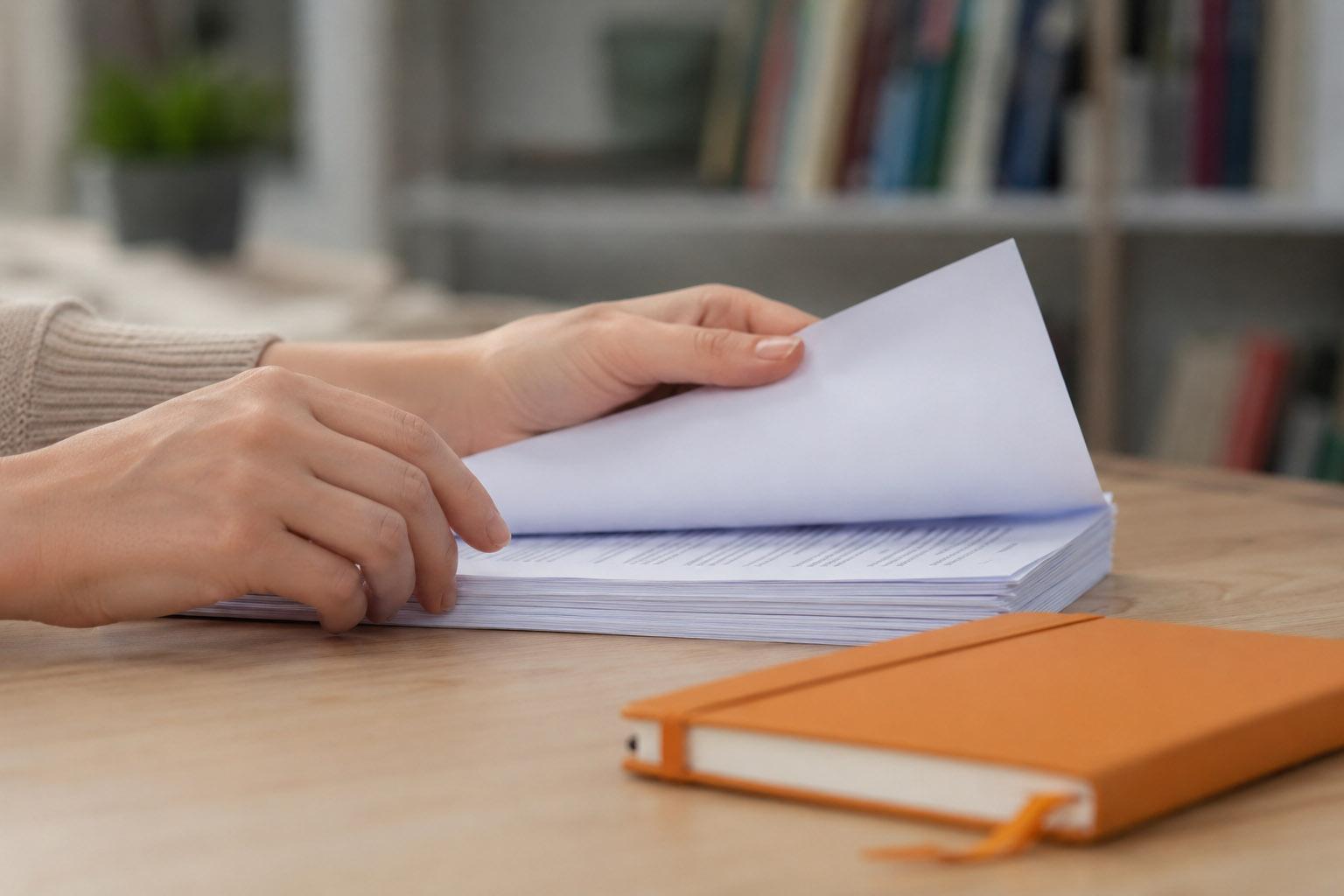 Durchsicht Unterlagen A person’s hands are leafing through a pile of documents; next to them lies an orange notebook