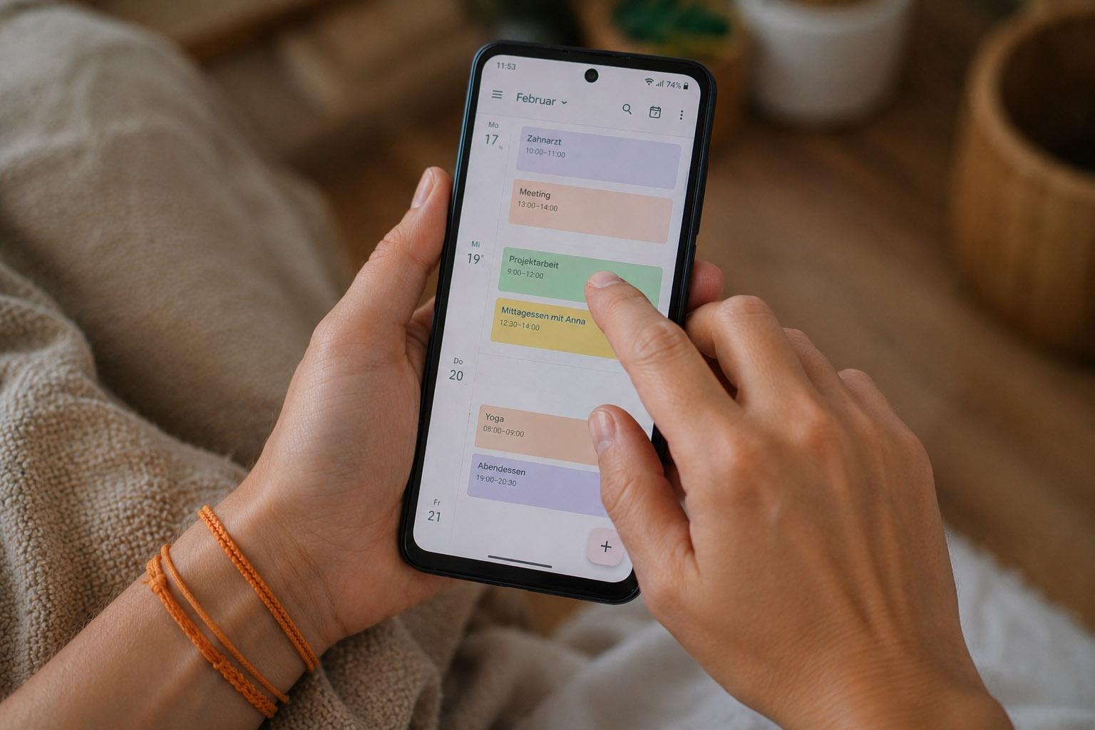 Two hands are holding a mobile phone; the screen shows a calendar with colourful appointments