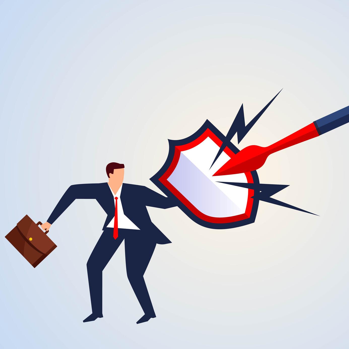 MKM unterstützt bei Datenpannen Person im Anzug mit Aktenkoffer wehrt mithilfe eines Schilds einen Speer ab.