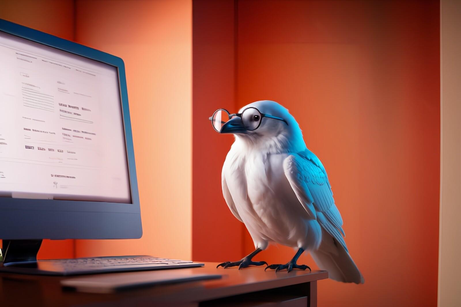 _weißer Rabe mit Lesebrille vor PC auf orange Hintergrund1.jpeg