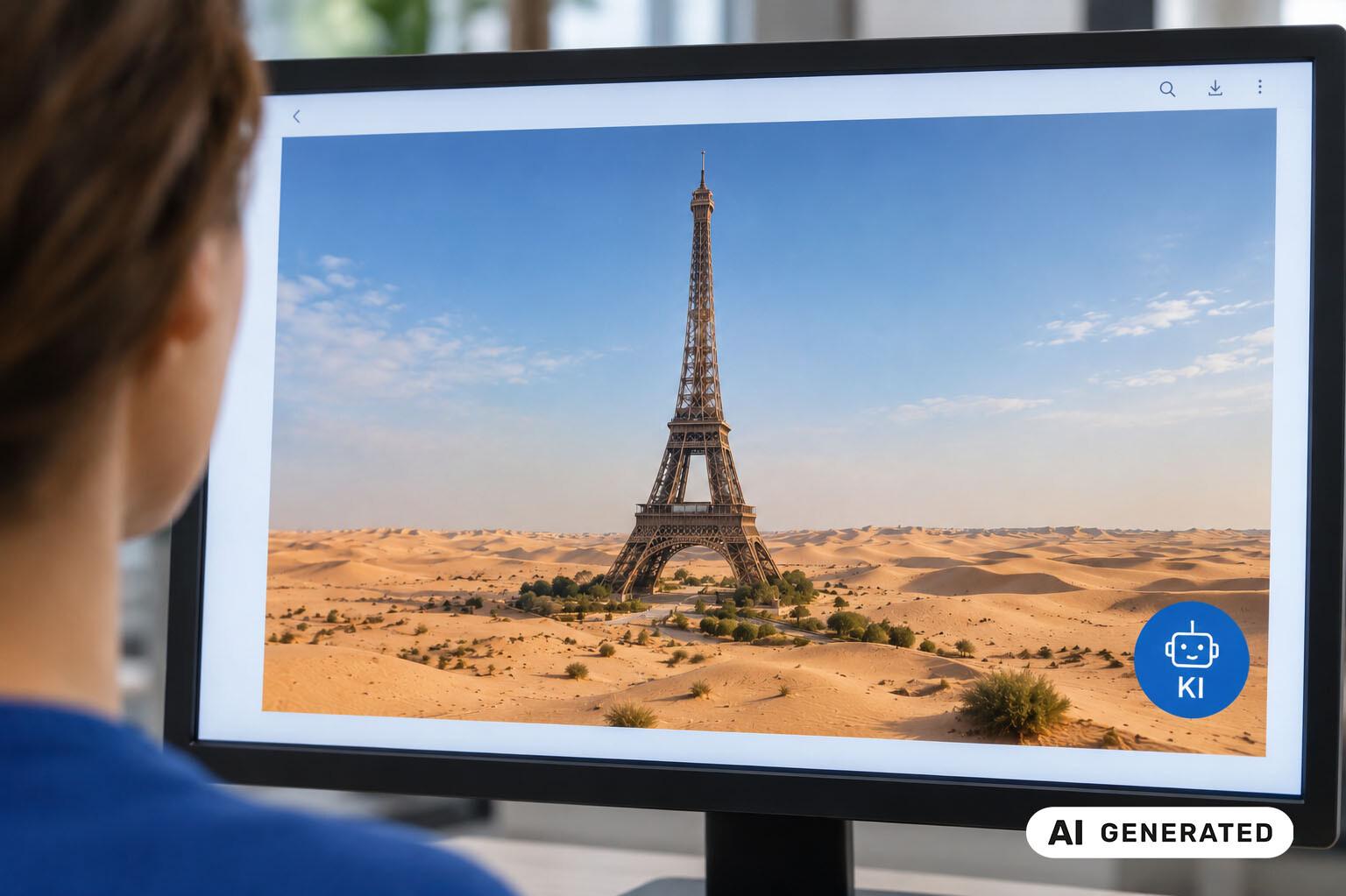 A view over the shoulder of a woman looking at a screen displaying an image of the Eiffel Tower in Paris set against a desert backdrop. An AI icon is visible in the right-hand corner of the image on the screen. The entire image includes a note stating that it was generated by AI.