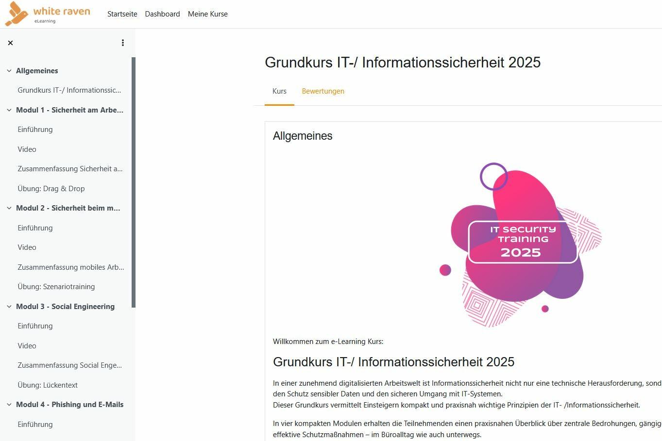 Screenshot showing a module overview on the left-hand sidebar and an introductory text on the right-hand sidebar