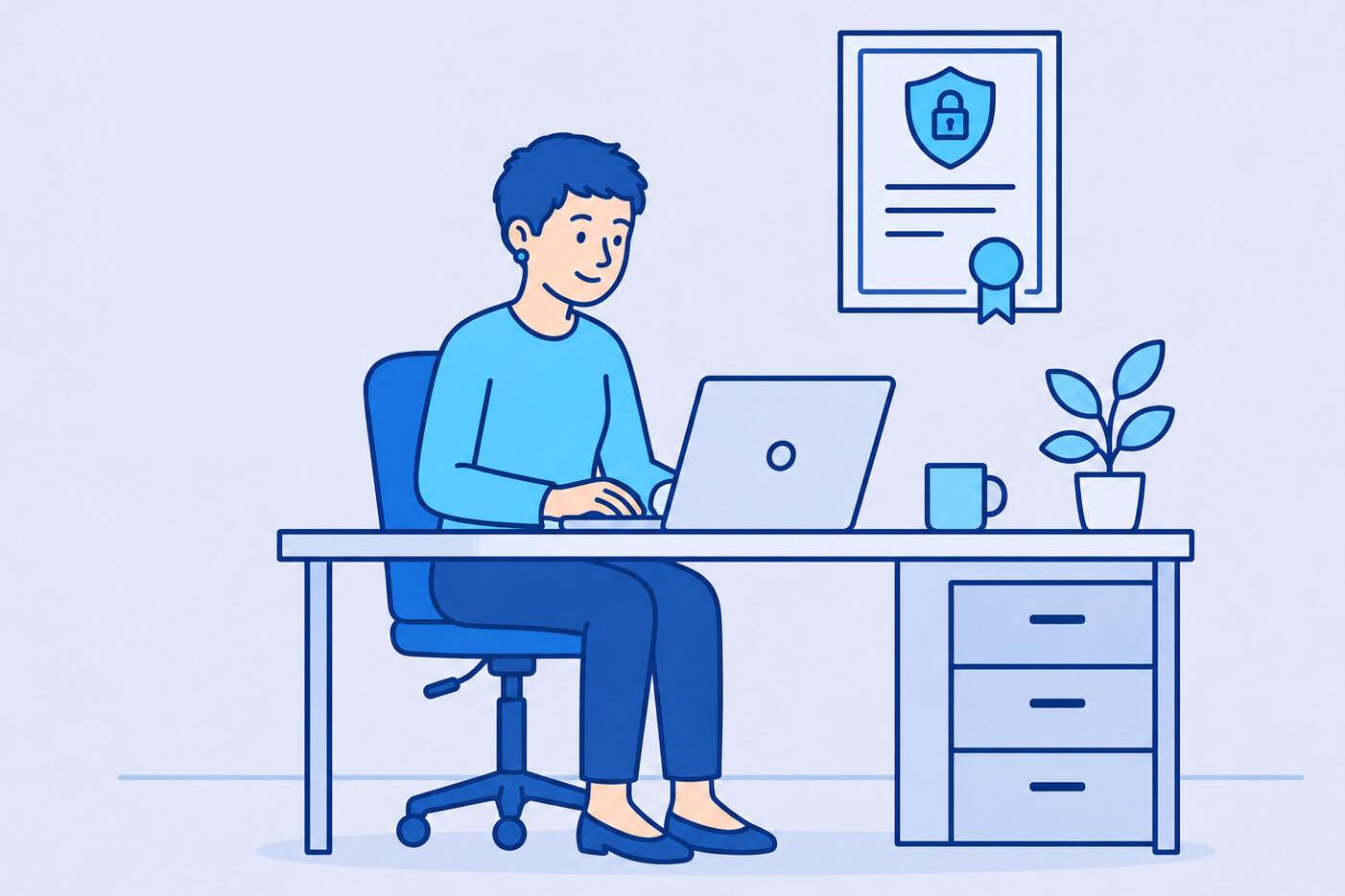 A person is sitting at their desk in the office, and a certificate is hanging on the wall