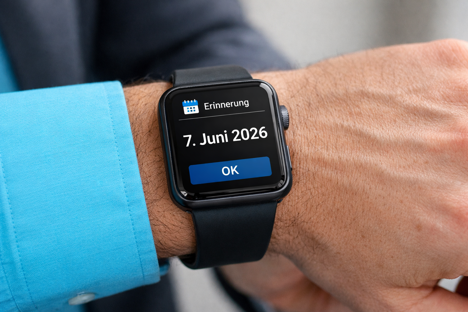 Hand eines Manns mit einer Smartwatch, die das Datum 7. Juni 2026 anzeigt
