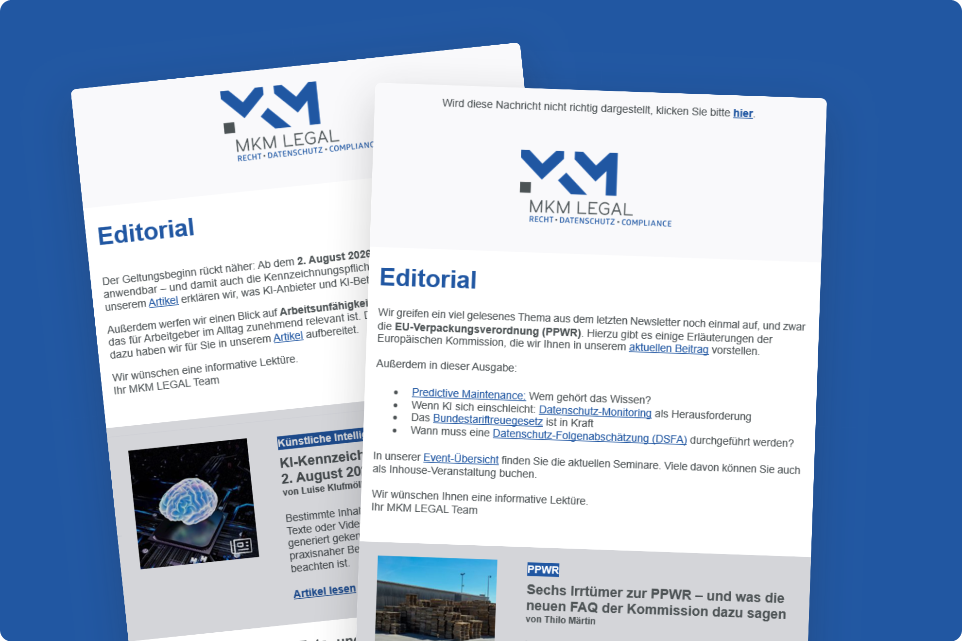 Newsletter Zwei Beispiel-Newsletter von MKM LEGAL auf blauem Hintergrund