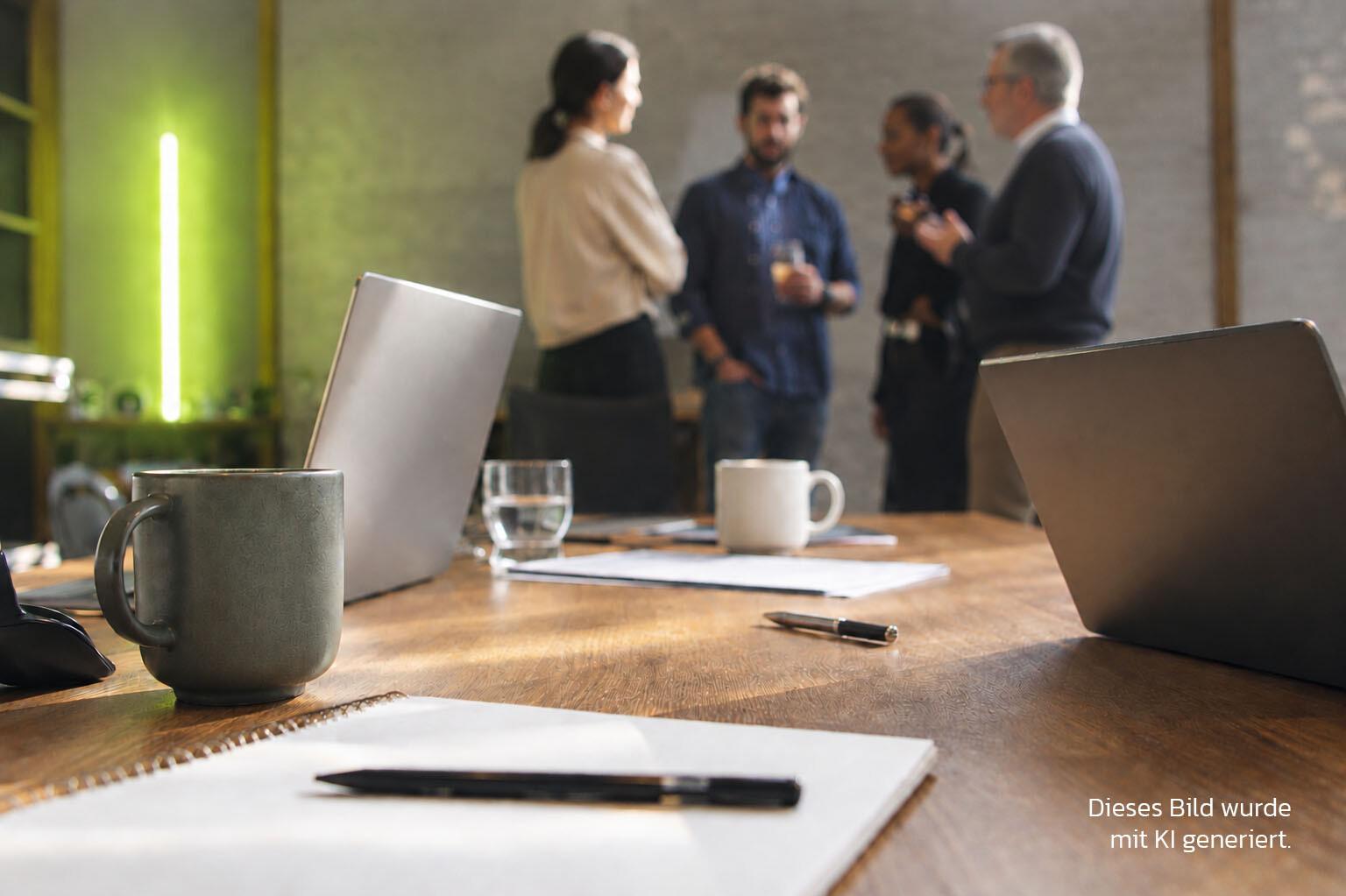 Networking Ein Konferenztisch mit Schreibmaterial, Laptops und Kaffeetassen, im Hintergrund stehen ein paar Personen im Gespräch zusammen. In einer Ecke ist der Vermerk: Dieses Bild wurde mit KI generiert. 