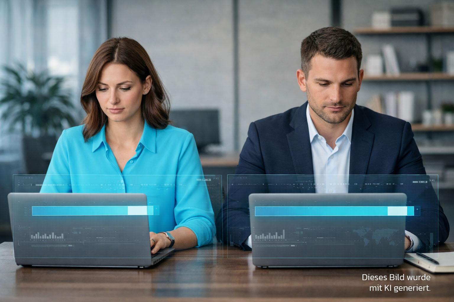 Paarvergleich A woman and a man are sitting next to each other in front of their laptops; two progress bars are displayed in front of them, with the man’s bar being longer
