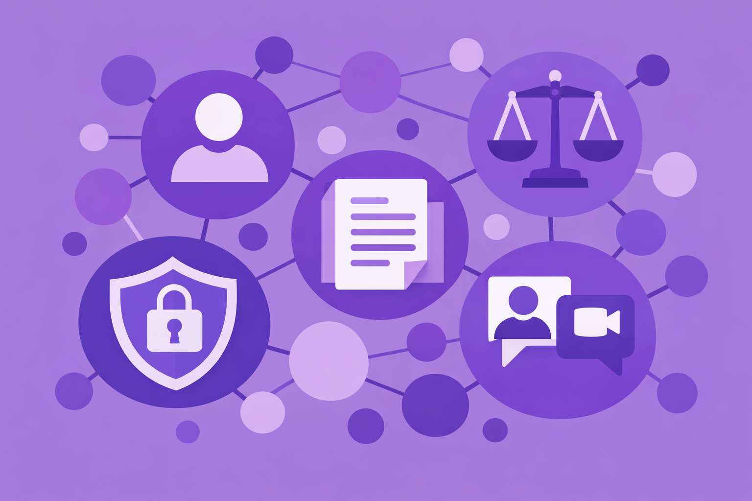 Datenschutzberatung Vorteile Bubbles with privacy icons are connected in a network