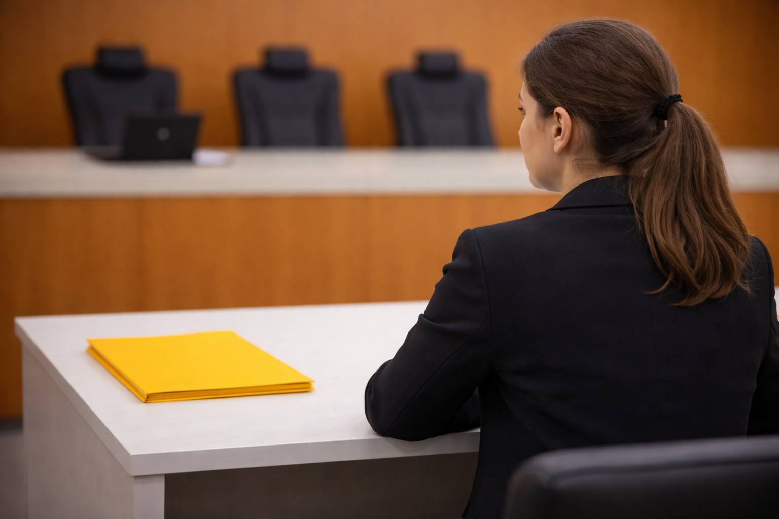 Gerichtssaal A woman with her hair tied back in a ponytail is sitting in an otherwise empty courtroom; to her left is a yellow folder containing documents